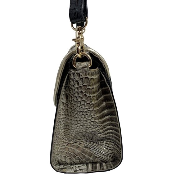 BRAHMIN Fold Over Clasp Shoulder Bag Clutch Crocodile Embossed Leather Silver - Picture 5 of 14